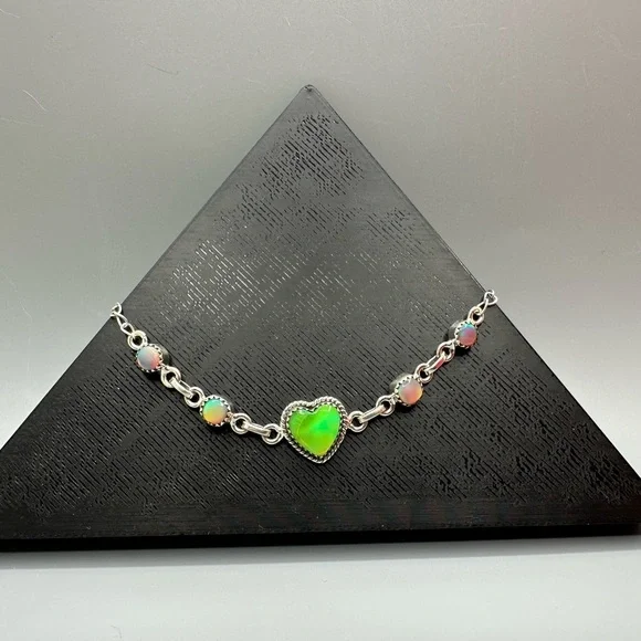 Neon Green Aurora Opal Heart-Shaped Sterling Silver 925 Bracelet Handmade Heart - Picture 1 of 6